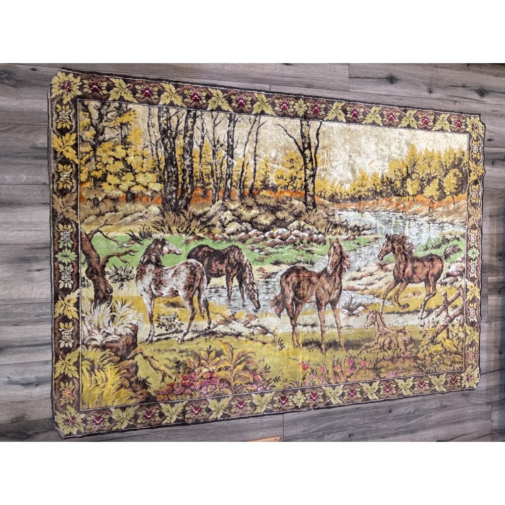 70's VTG MCM Horse Plush Area Rug Tapestry Forest Meadow Motif 61 X 35 Wall Art